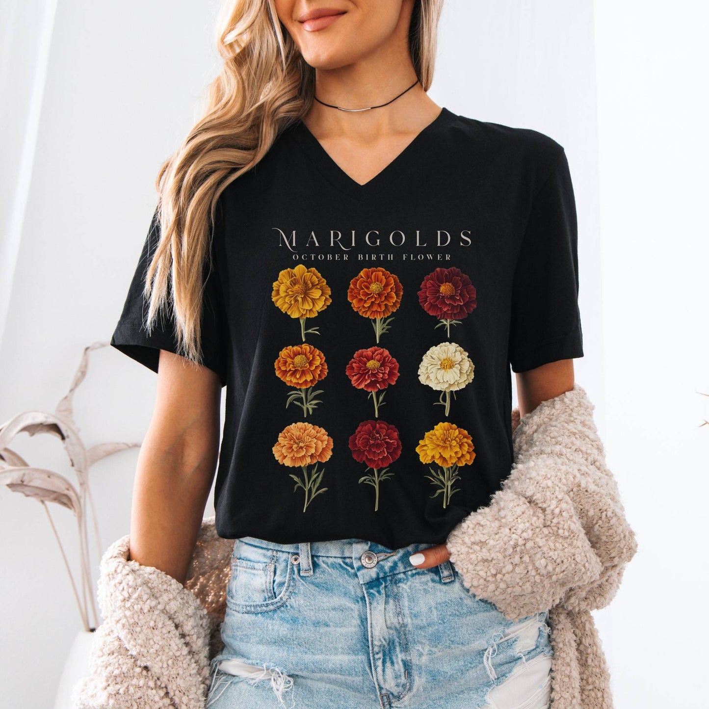 V-neck Marigolds October Birth Month Flower V-Neck Tee The Mystic Eden