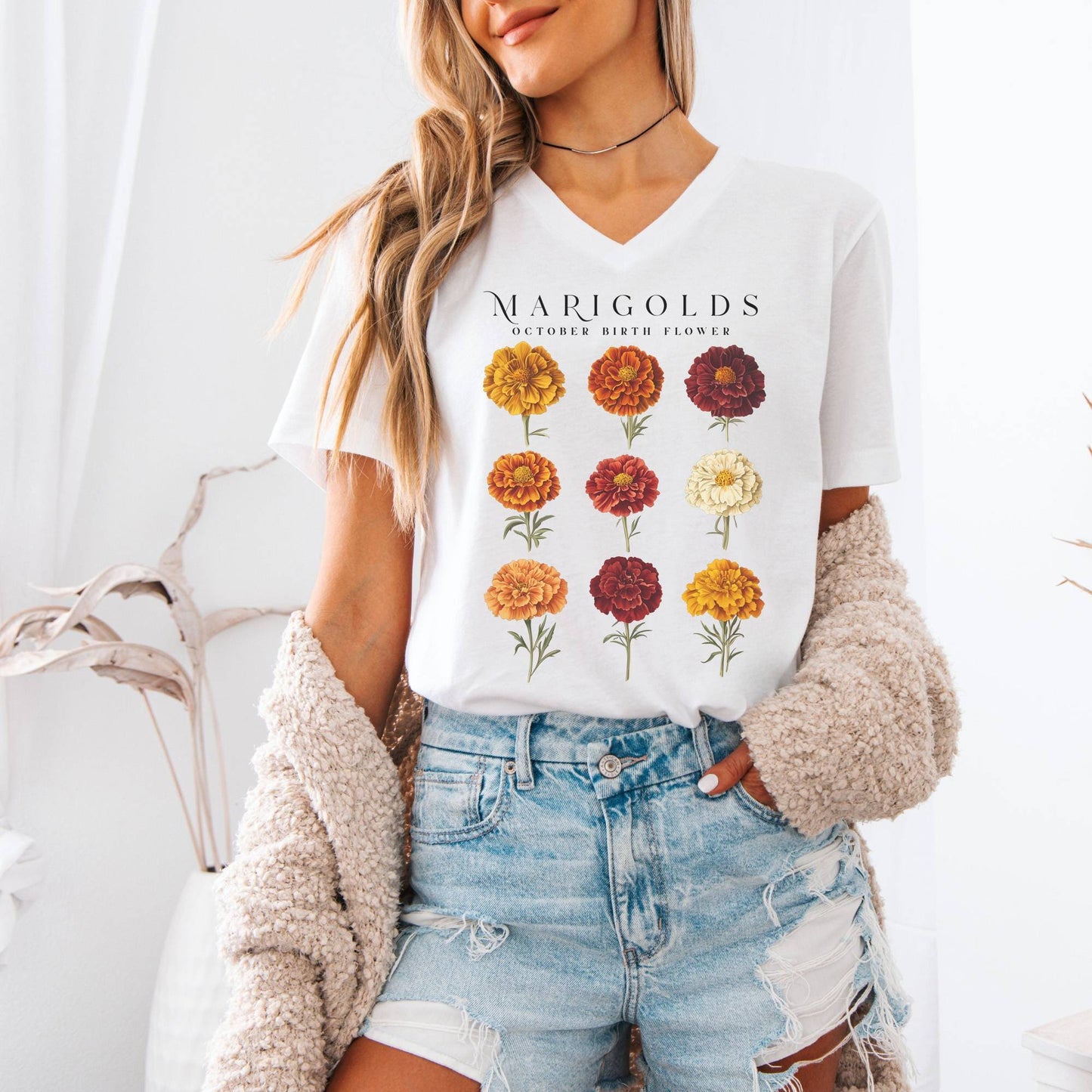 V-neck Marigolds October Birth Month Flower V-Neck Tee The Mystic Eden