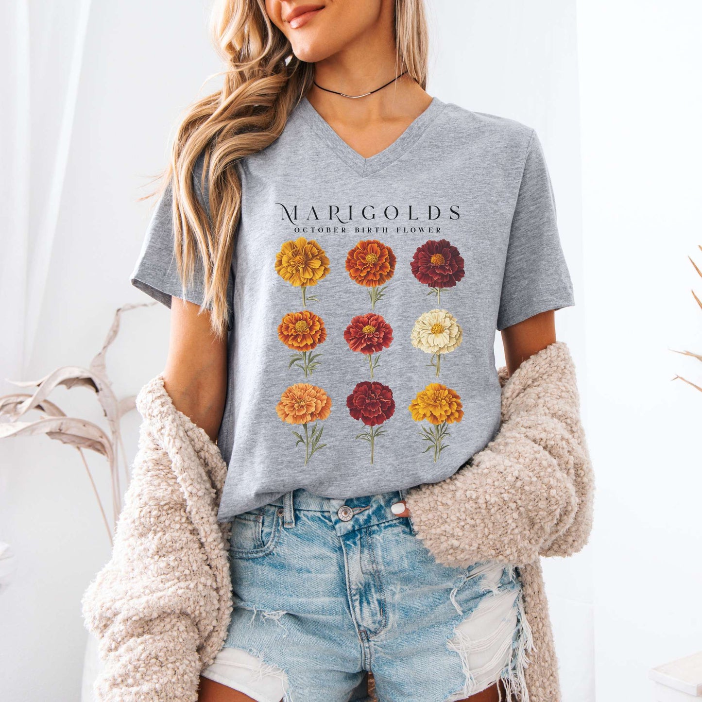 V-neck Marigolds October Birth Month Flower V-Neck Tee The Mystic Eden