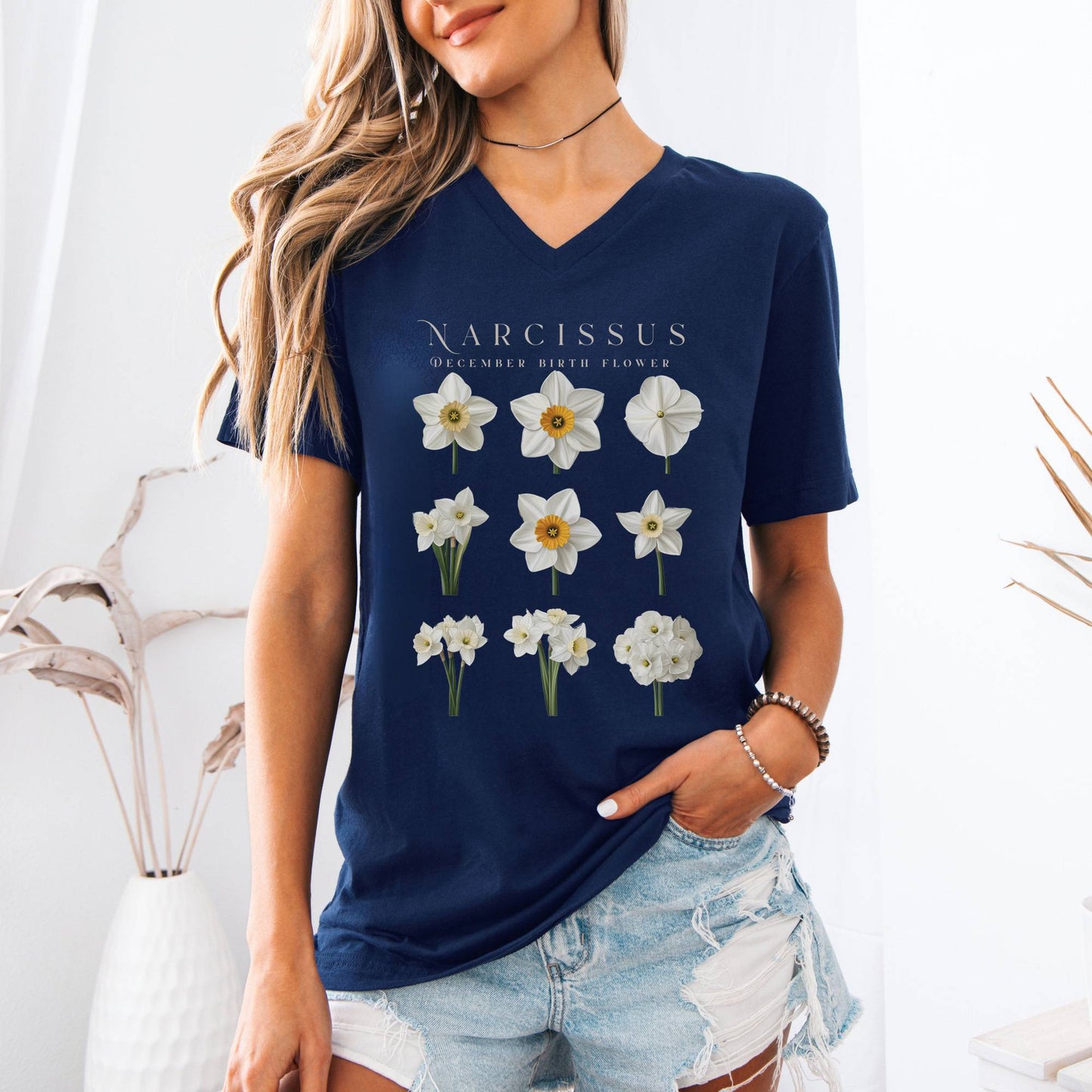 V-neck Narcissus December Birth Month Flower V-Neck Tee The Mystic Eden