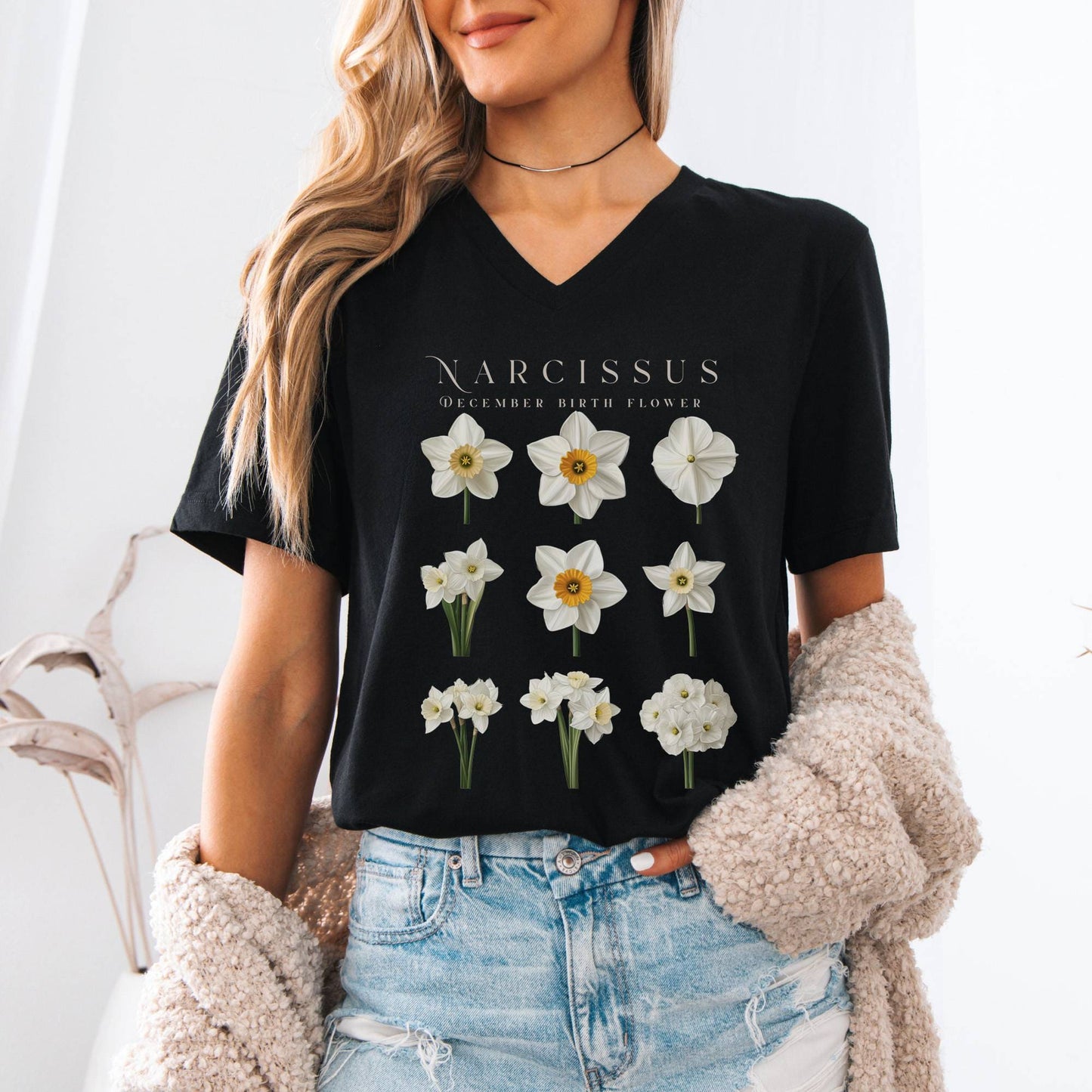 V-neck Narcissus December Birth Month Flower V-Neck Tee The Mystic Eden