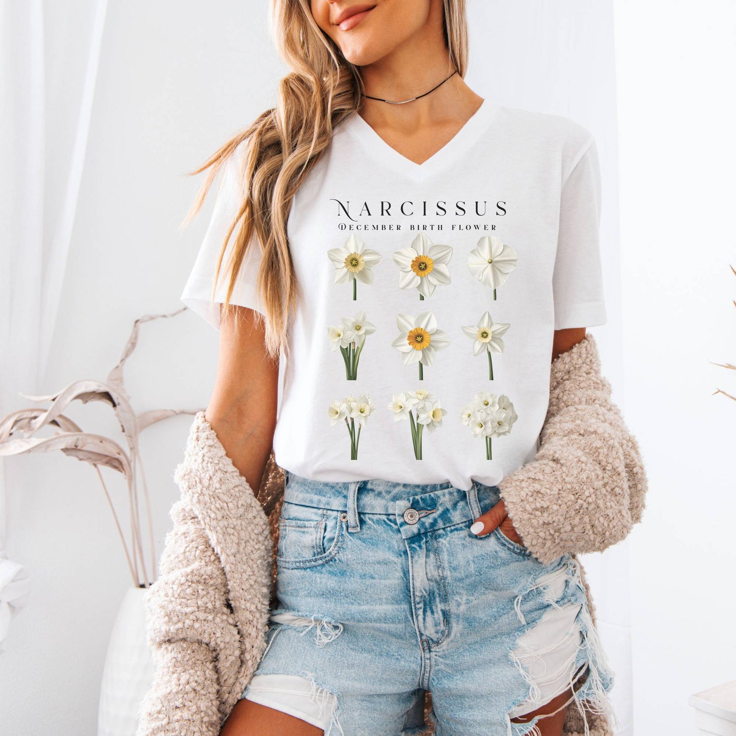 V-neck Narcissus December Birth Month Flower V-Neck Tee The Mystic Eden