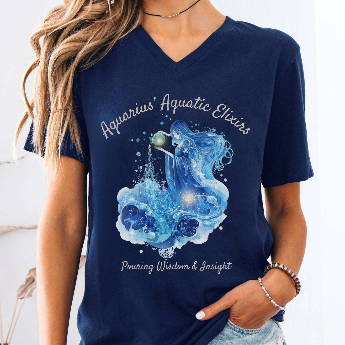 V-neck Navy / S Aquarius' Aquatic Elixirs Zodiac V-Neck Tee The Mystic Eden