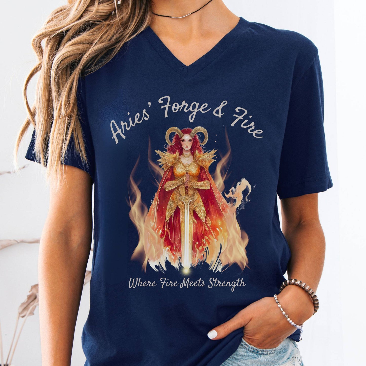 V-neck Navy / S Aries' Forge & Fire Zodiac V-Neck Tee The Mystic Eden