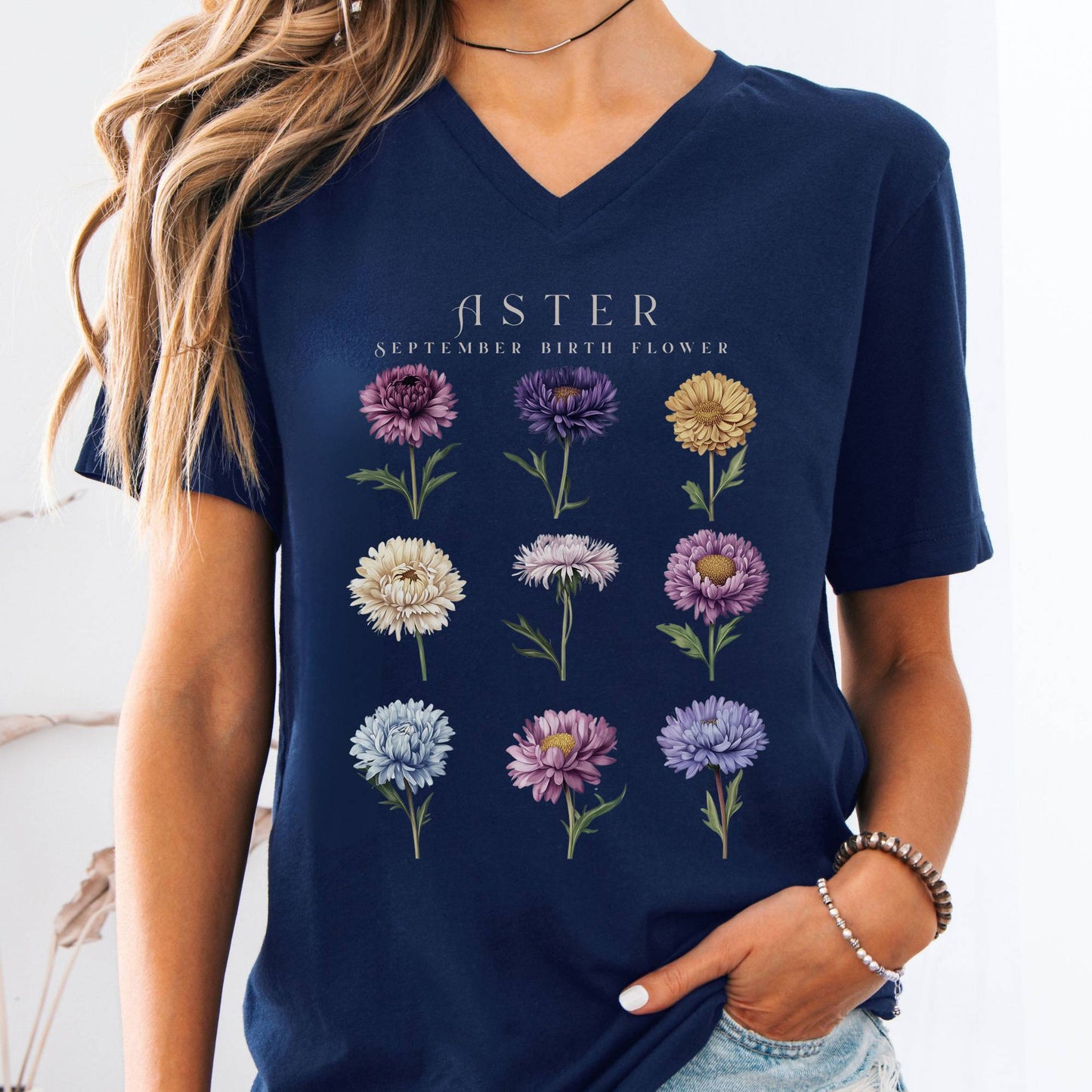 V-neck Navy / S Aster September Birth Month Flower V-Neck Tee The Mystic Eden