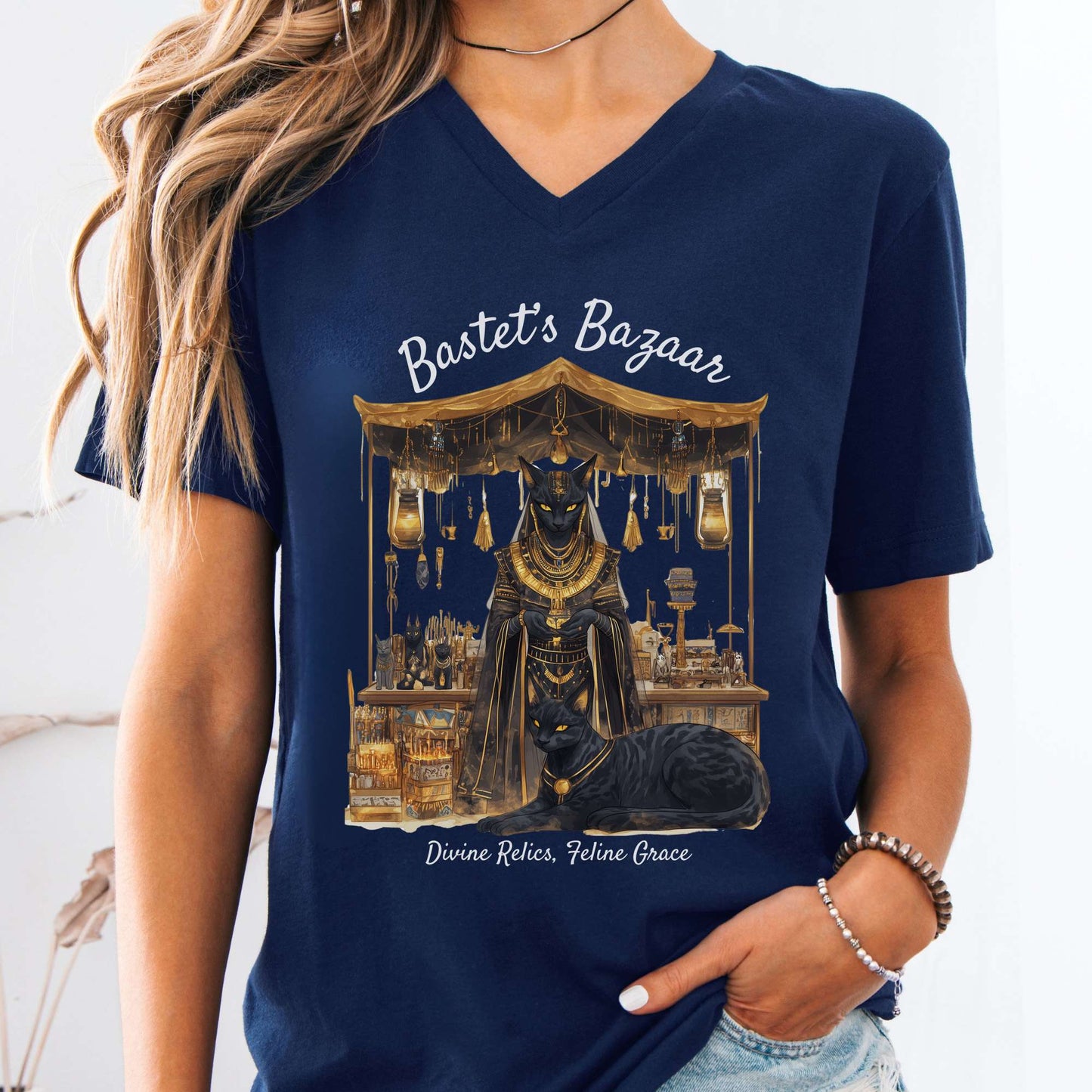 V-neck Navy / S Bastet's Bazaar Goddess V-Neck Tee The Mystic Eden