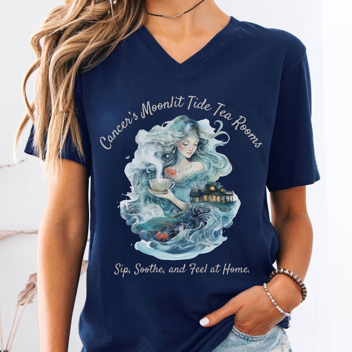 V-neck Navy / S Cancer's Moonlit Tide Tea Rooms Zodiac V-Neck Tee The Mystic Eden