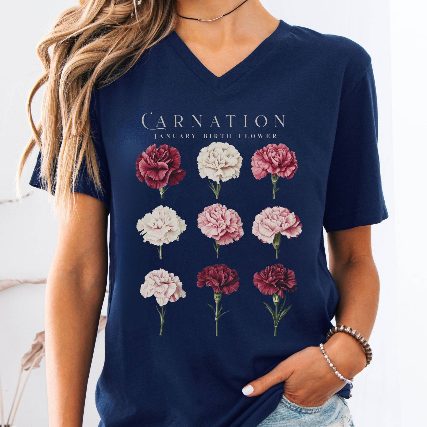 V-neck Navy / S Carnation January Birth Month Flower V-Neck Tee The Mystic Eden