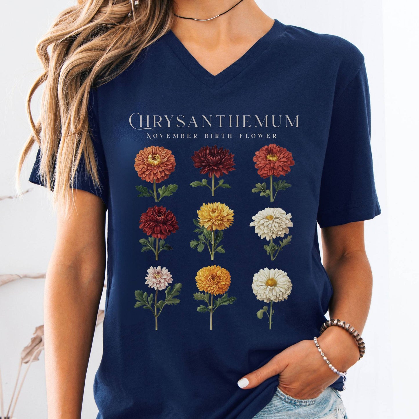 V-neck Navy / S Chrysanthemum November Birth Month Flower V-Neck Tee The Mystic Eden