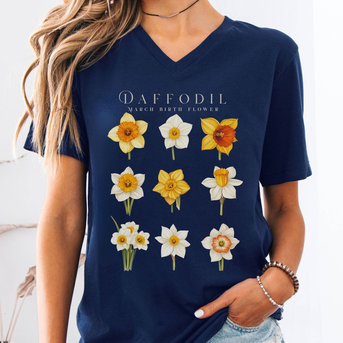 V-neck Navy / S Daffodil March Birth Month Flower V-Neck Tee The Mystic Eden