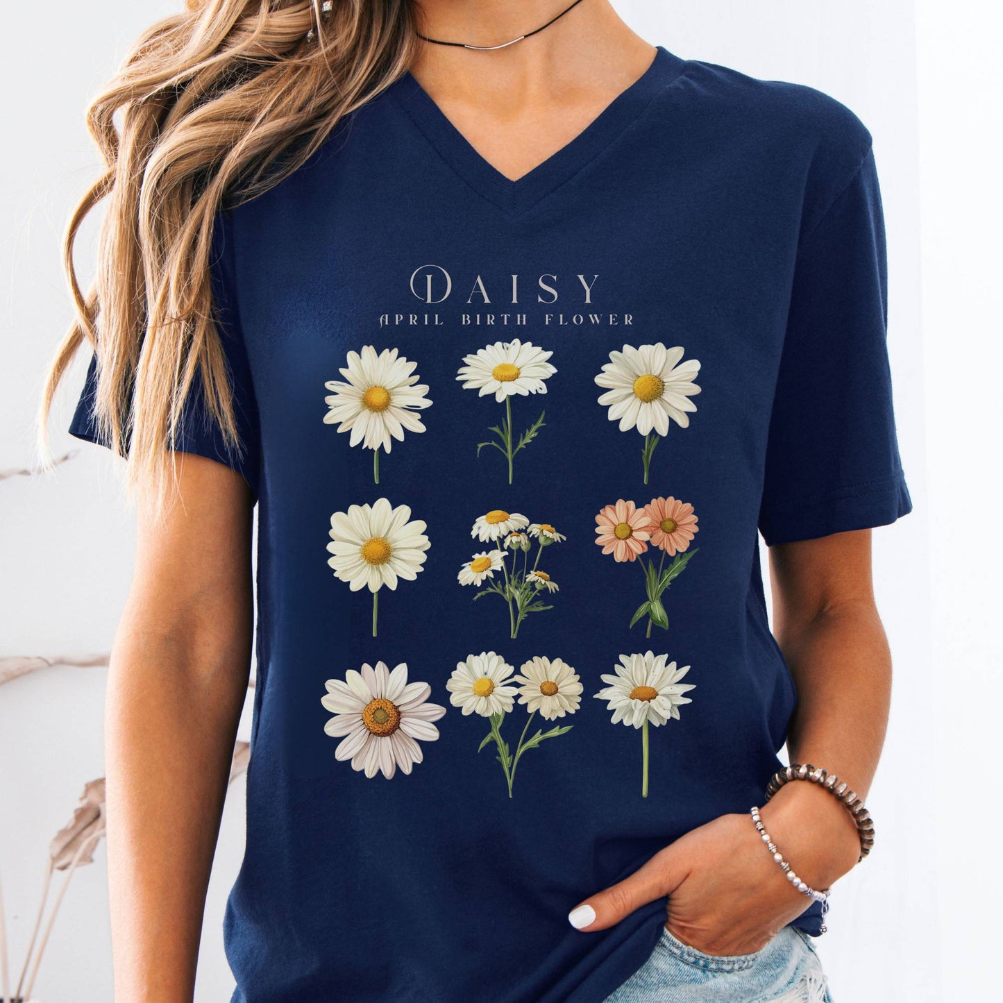 V-neck Navy / S Daisy April Birth Month Flower V-Neck Tee The Mystic Eden