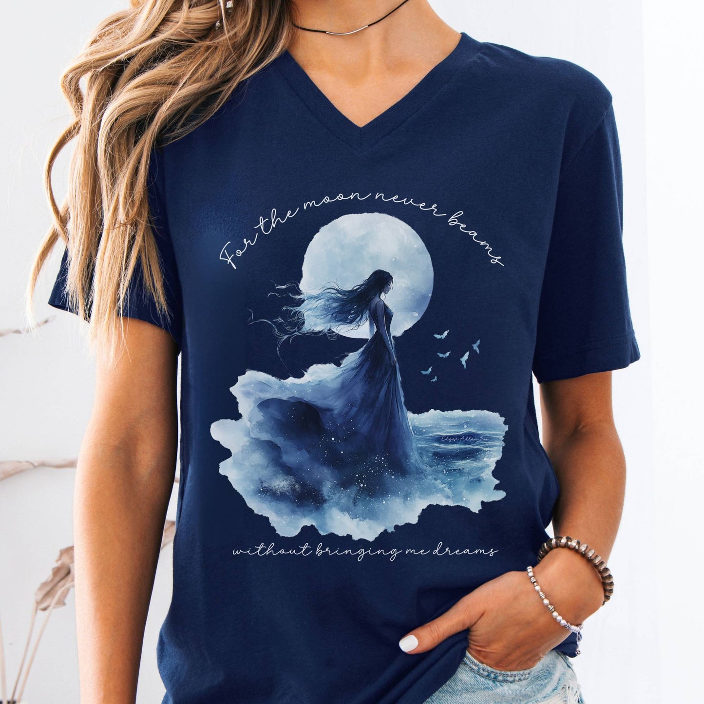 V-neck Navy / S For The Moon Never Beams Without Giving Me Dreams Edgar Allan Poe V-Neck Tee The Mystic Eden