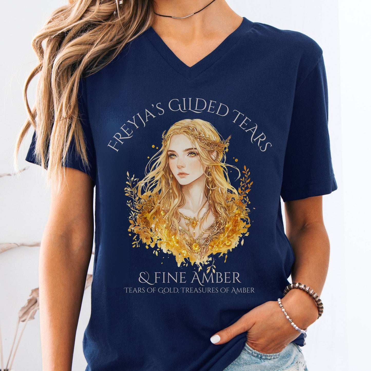 V-neck Navy / S Freyja's Gilded Tears & Fine Amber V-Neck Tee The Mystic Eden