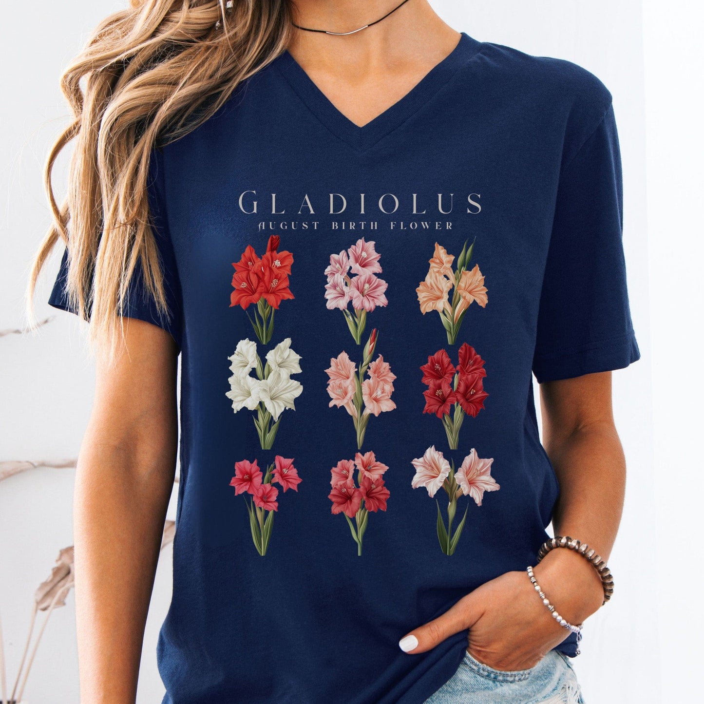 V-neck Navy / S Galdiolus August Birth Month Flower V-Neck Tee The Mystic Eden