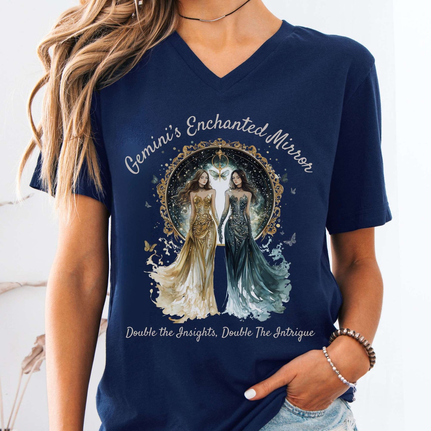 V-neck Navy / S Gemini's Enchanted Mirror Zodiac V-Neck Tee The Mystic Eden
