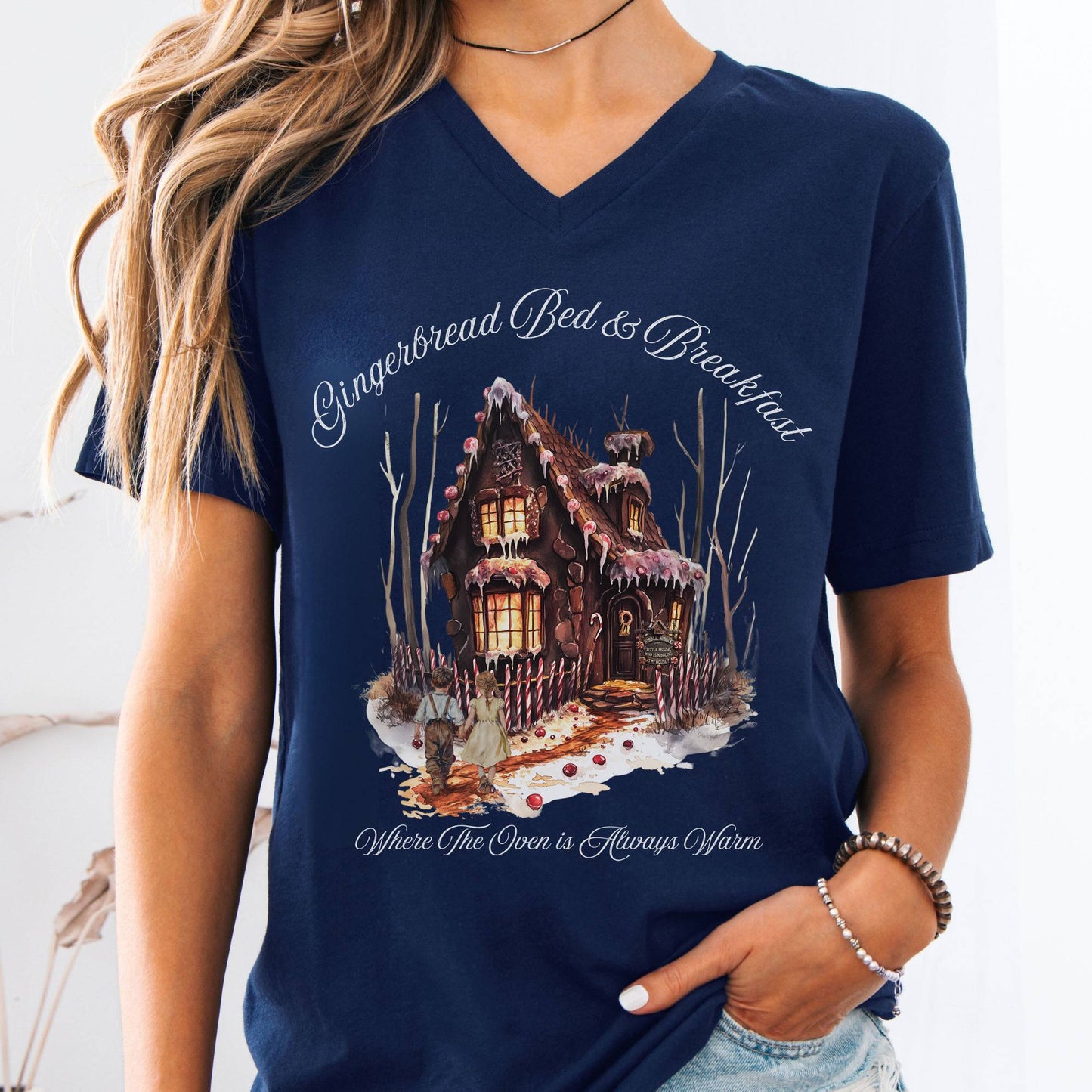 V-neck Navy / S Gingerbread Bed & Breakfast Hansel & Gretel Fairytale V-Neck Tee The Mystic Eden