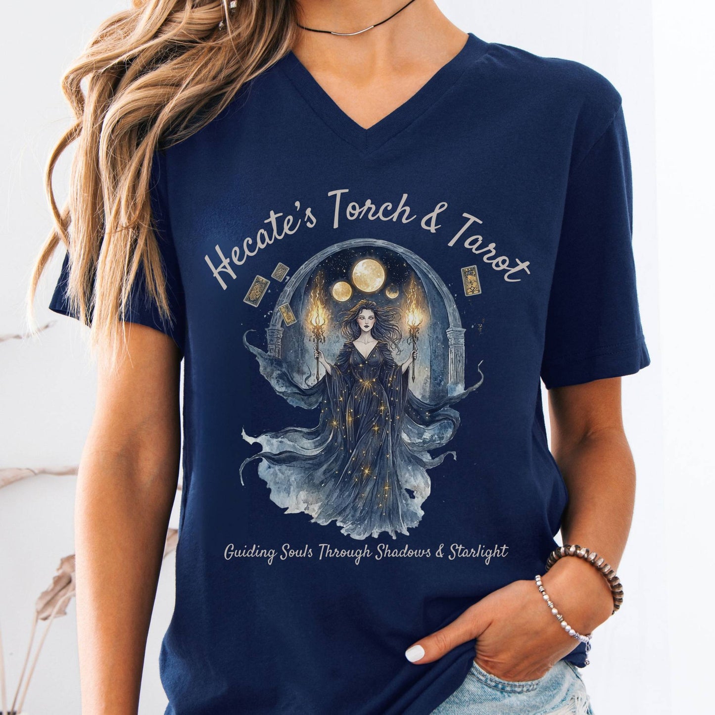 V-neck Navy / S Hecate's Torch & Tarot V-Neck Tee The Mystic Eden