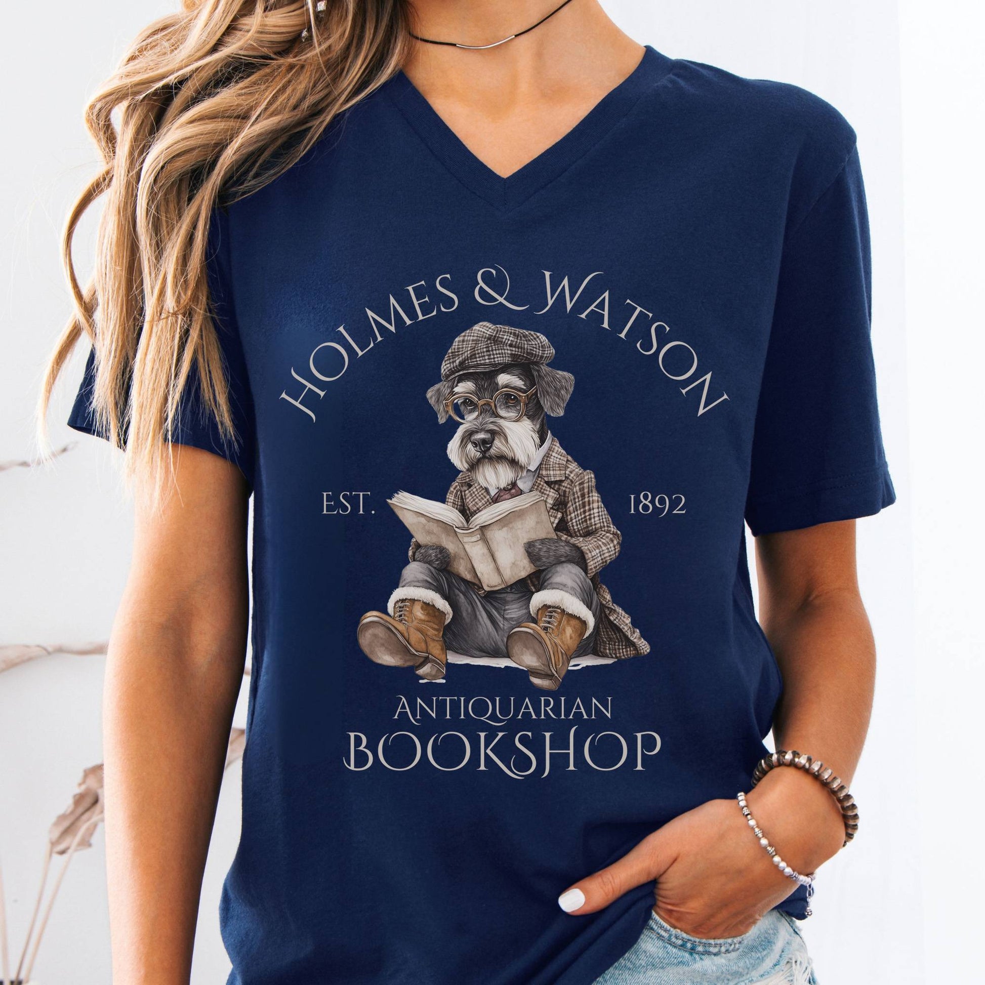 V-neck Navy / S Holmes & Watson Antiquarian Bookshop Dog Sherlock V-Neck Tee The Mystic Eden
