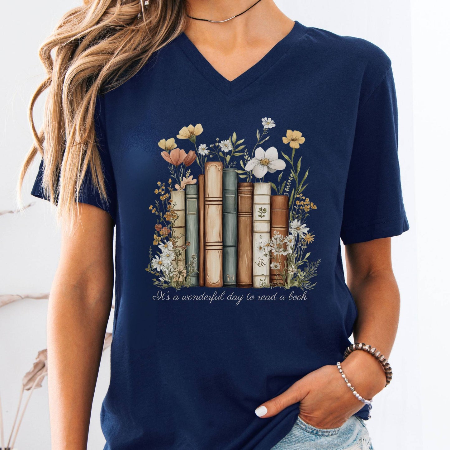 V-neck Navy / S It's A Wonderful Day To Read A Book Bookish V-Neck Tee The Mystic Eden