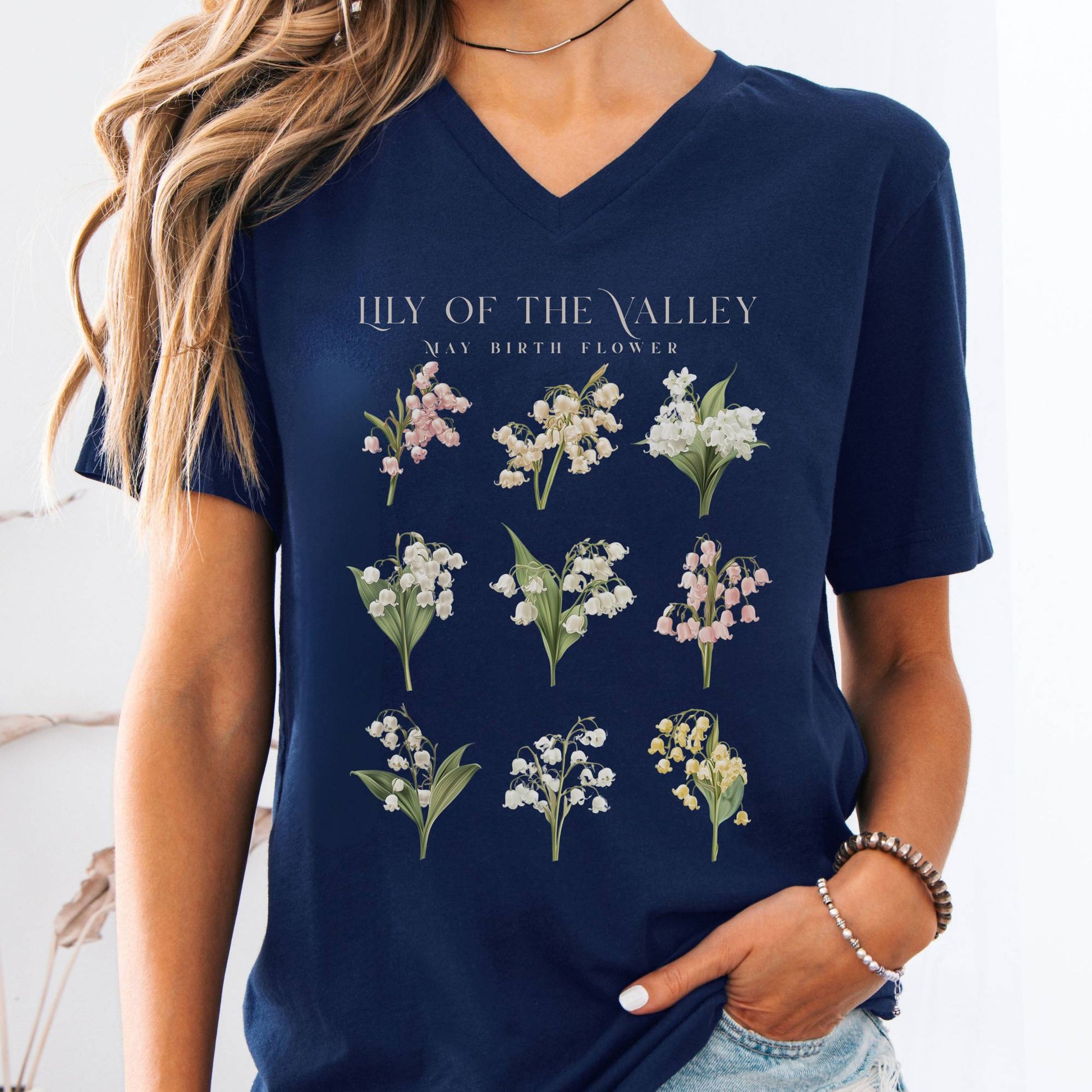 V-neck Navy / S Lily of The Valley May Birth Month Flower V-Neck Tee The Mystic Eden