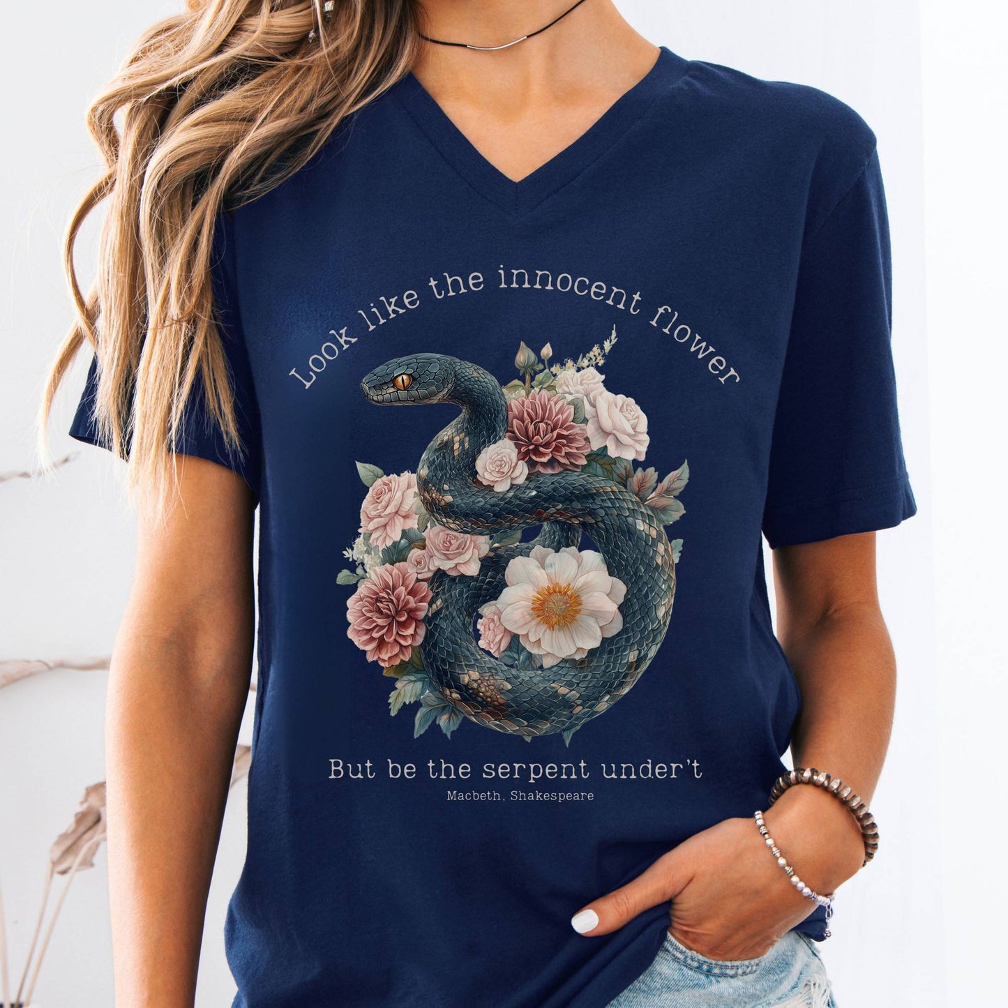 V-neck Navy / S Look Like The Innocent Flower But Be The Serpent Under't Shakespeare V-Neck Tee The Mystic Eden