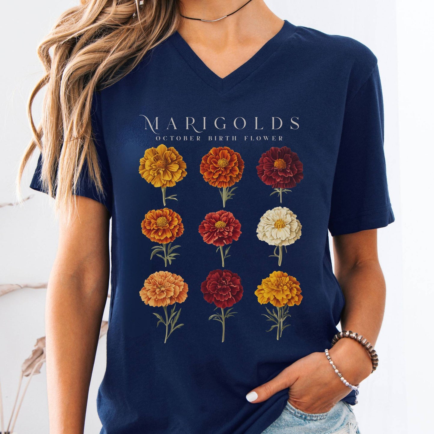 V-neck Navy / S Marigolds October Birth Month Flower V-Neck Tee The Mystic Eden