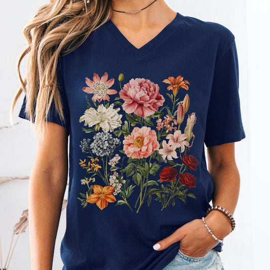 V-neck Navy / S Mixed Floral V-Neck Tee The Mystic Eden