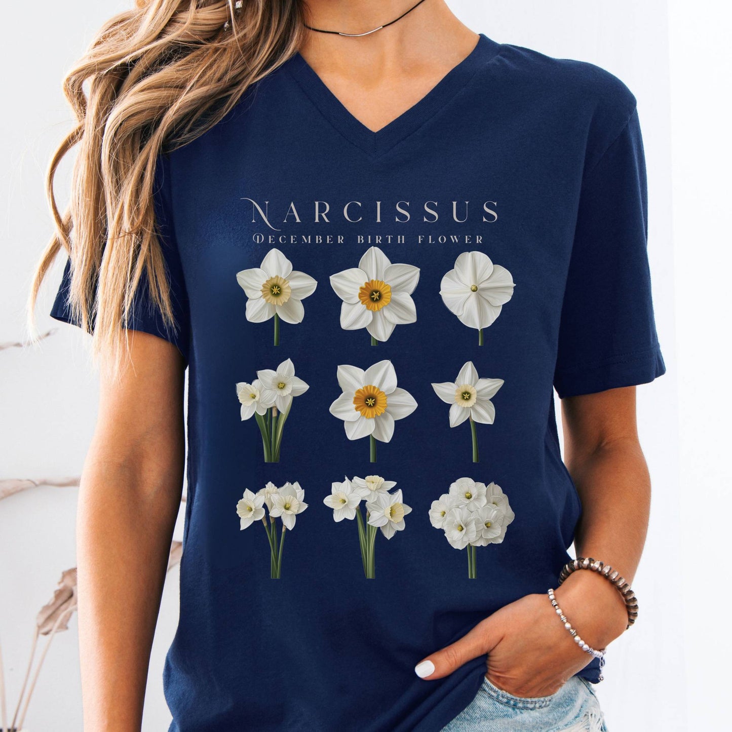 V-neck Navy / S Narcissus December Birth Month Flower V-Neck Tee The Mystic Eden