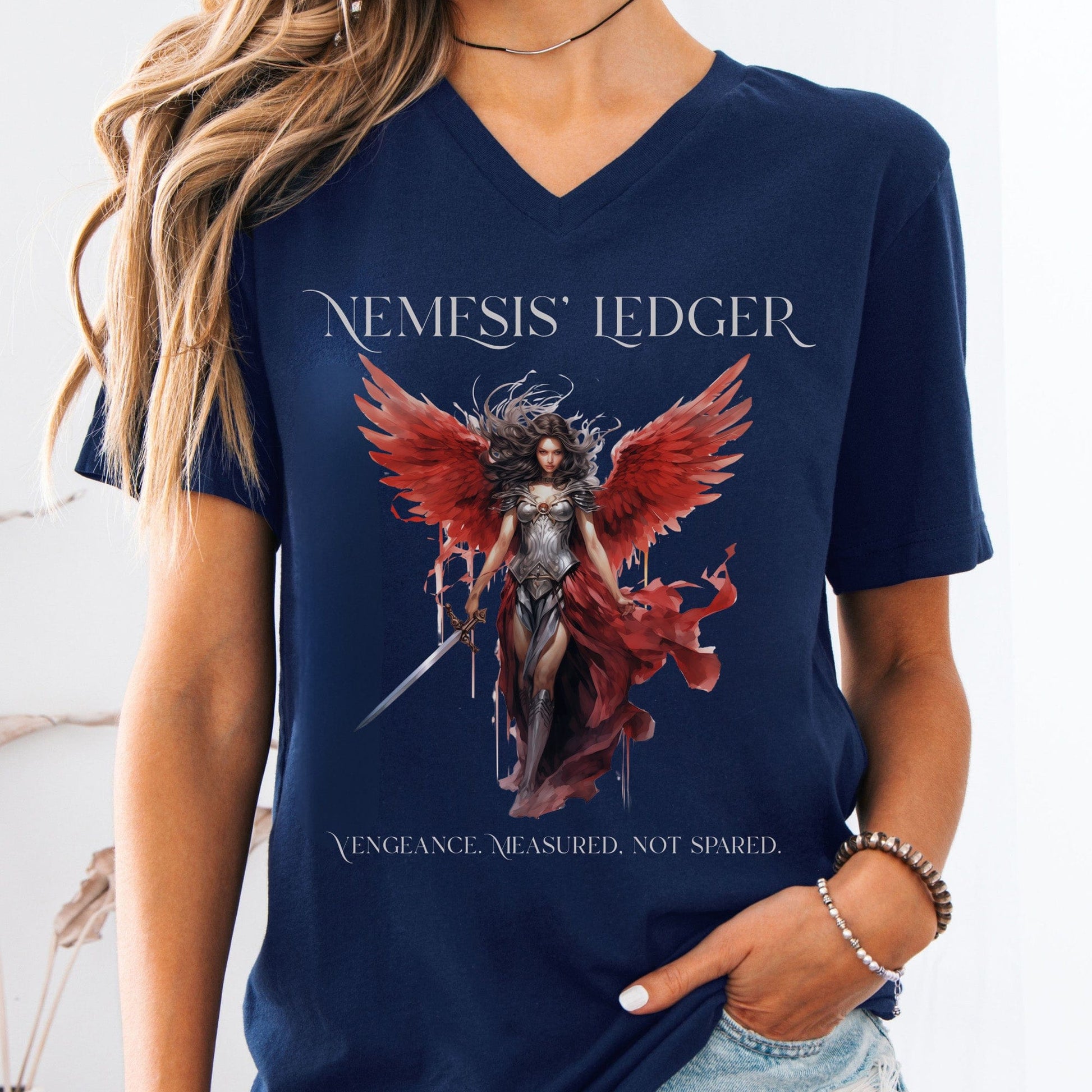V-neck Navy / S Nemesis' Ledger V-Neck Tee โ Goddess of Justice Tee The Mystic Eden