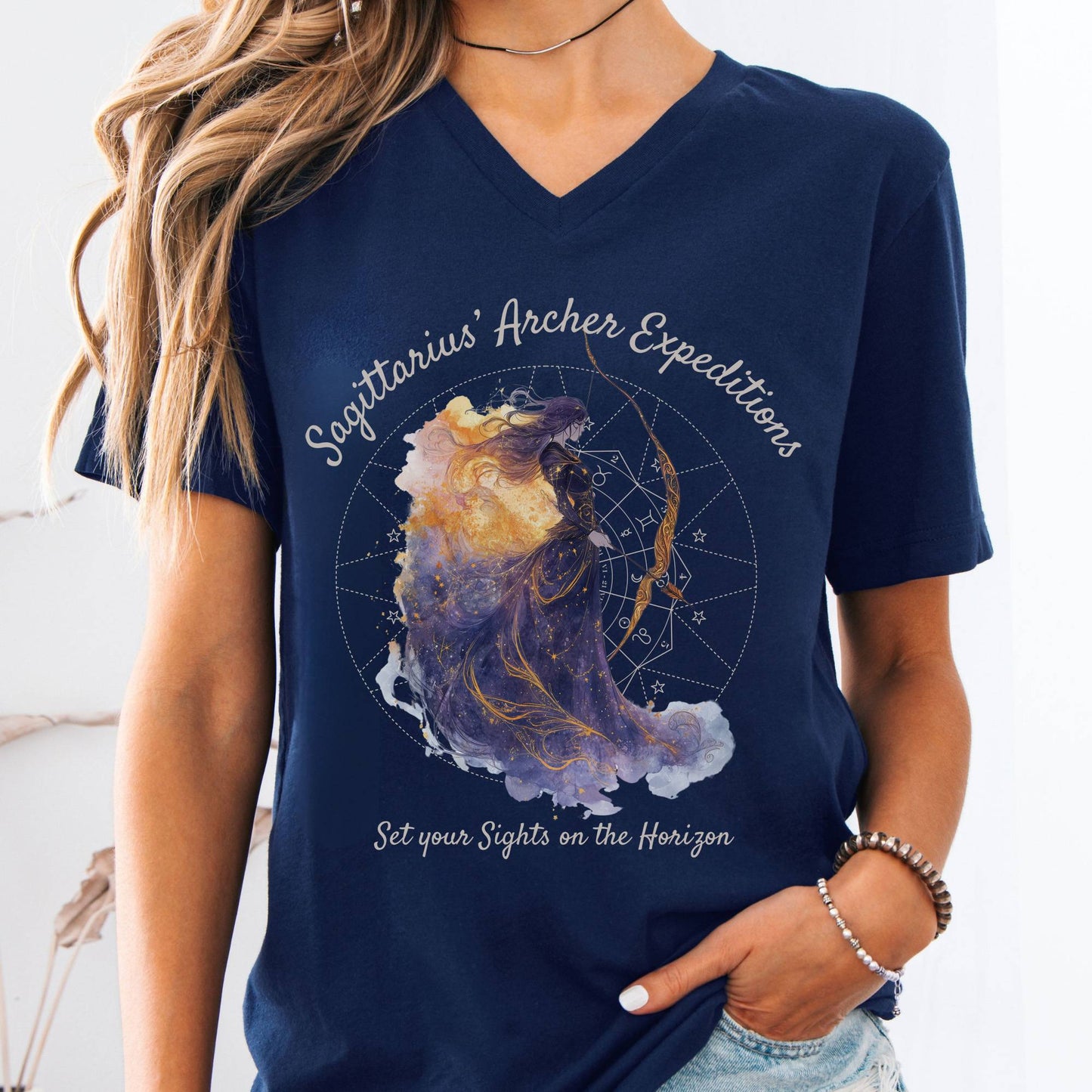 V-neck Navy / S Sagittarius' Archer Expeditions Zodiac V-Neck Tee The Mystic Eden