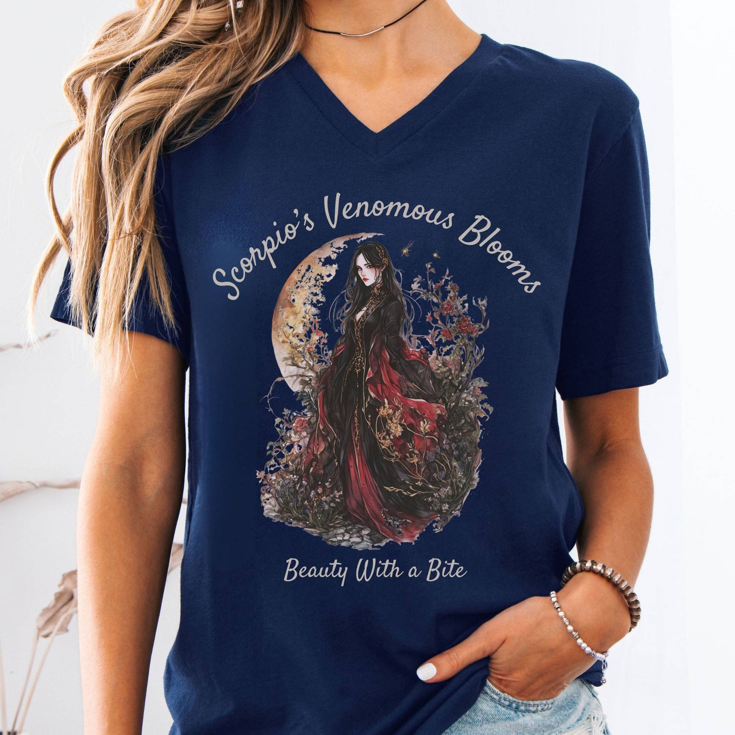 V-neck Navy / S Scorpio's Venomous Blooms V-Neck Tee The Mystic Eden