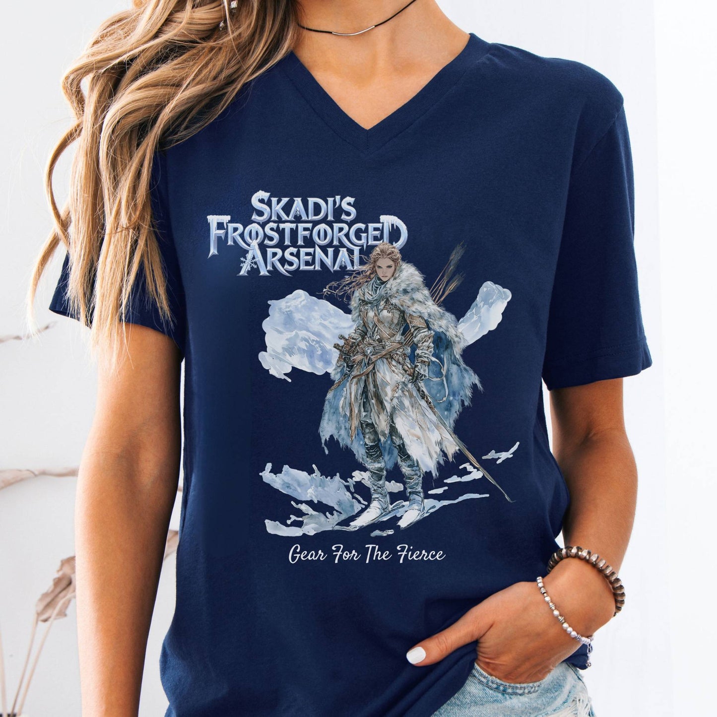 V-neck Navy / S Skadi's Frostforged Arsenal Norse Mythology V-Neck Tee The Mystic Eden