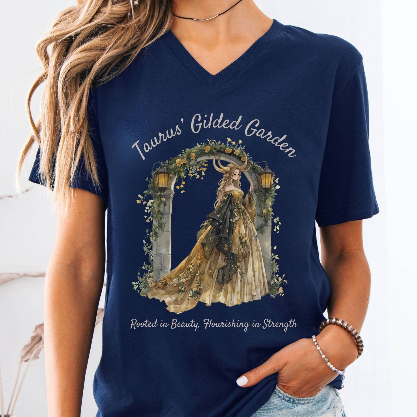 V-neck Navy / S Taurus' Gilded Garden Zodiac V-Neck Tee The Mystic Eden