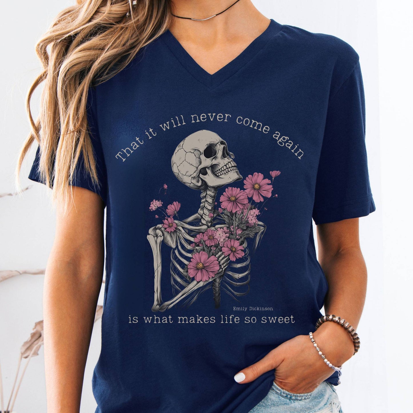 V-neck Navy / S That It Will Never Come Again Is What Makes Life So Sweet Emily Dickinson V-Neck Tee The Mystic Eden