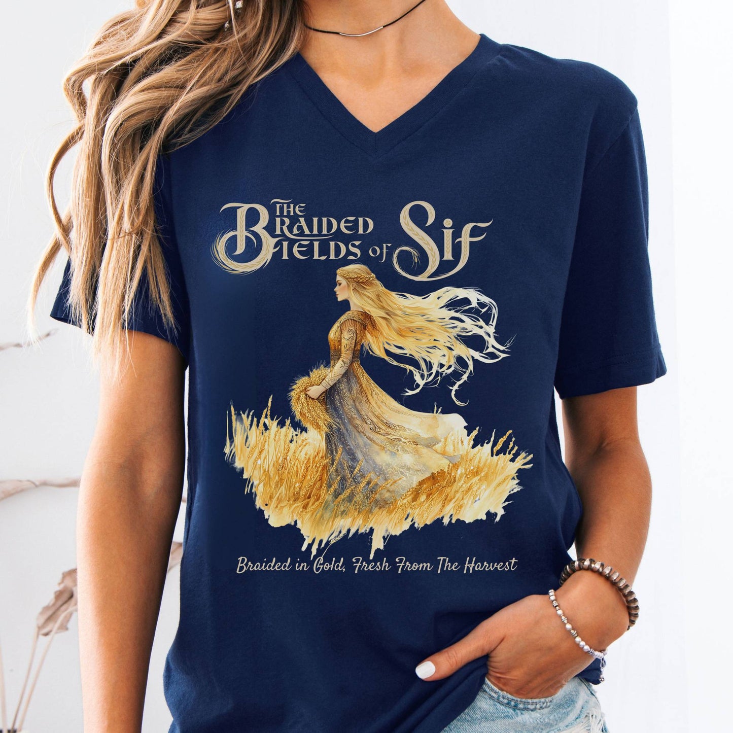 V-neck Navy / S The Braided Fields of Sif Norse Mythology V-Neck Tee The Mystic Eden