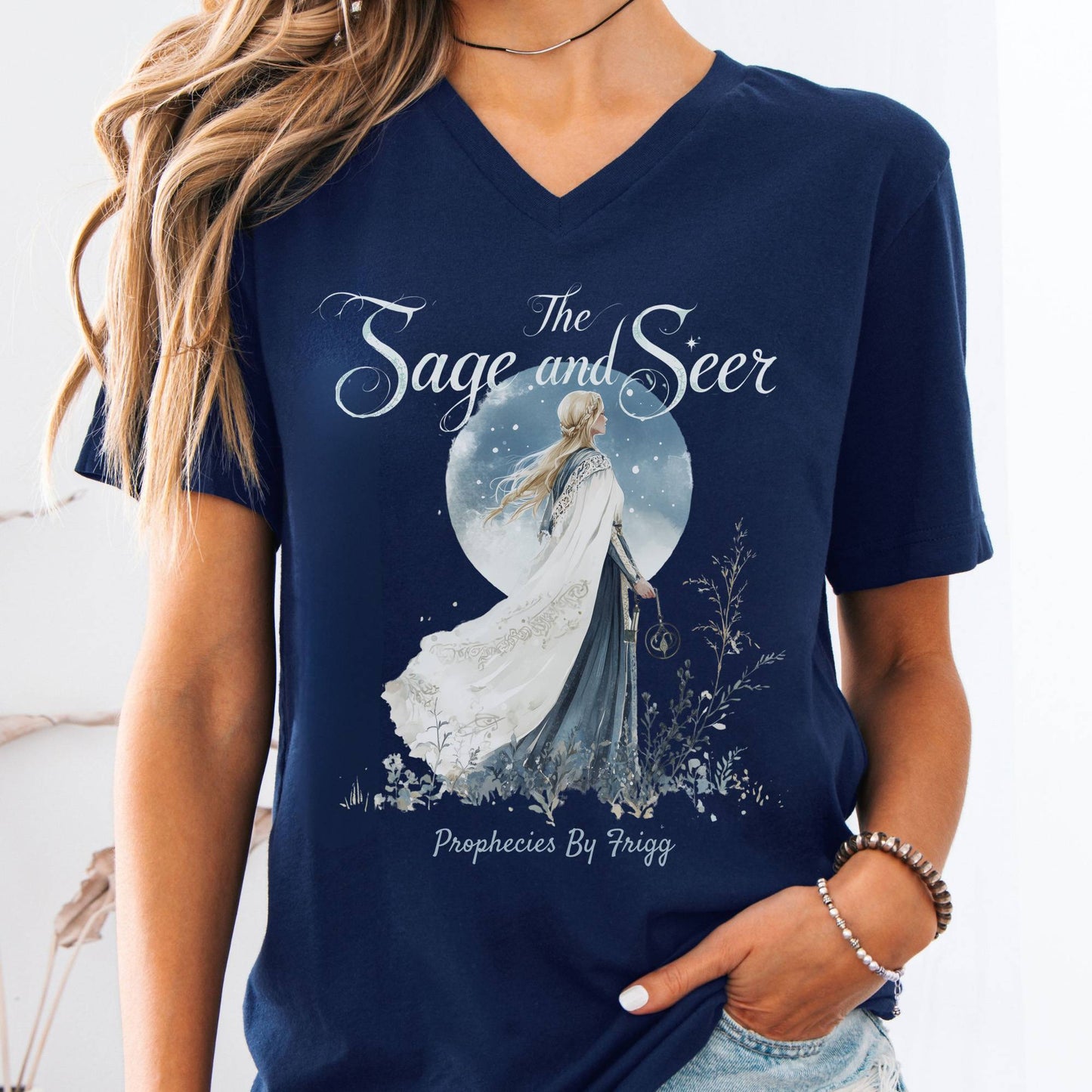 V-neck Navy / S The Sage & Seer Prophecies By Frigg Norse Mythology V-Neck Tee The Mystic Eden