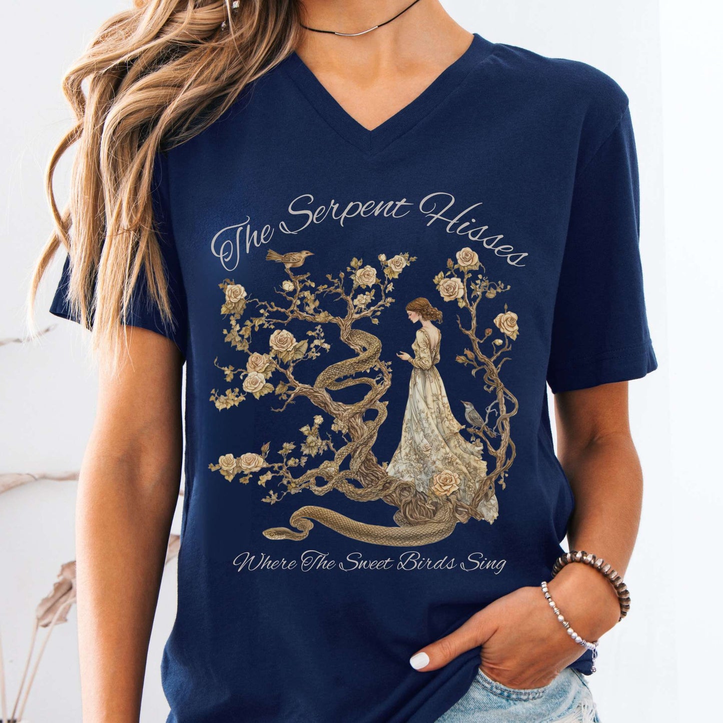 V-neck Navy / S The Serpent Hisses Where The Sweet Birds Sing Tess of the D'Urbervilles V-Neck Tee The Mystic Eden