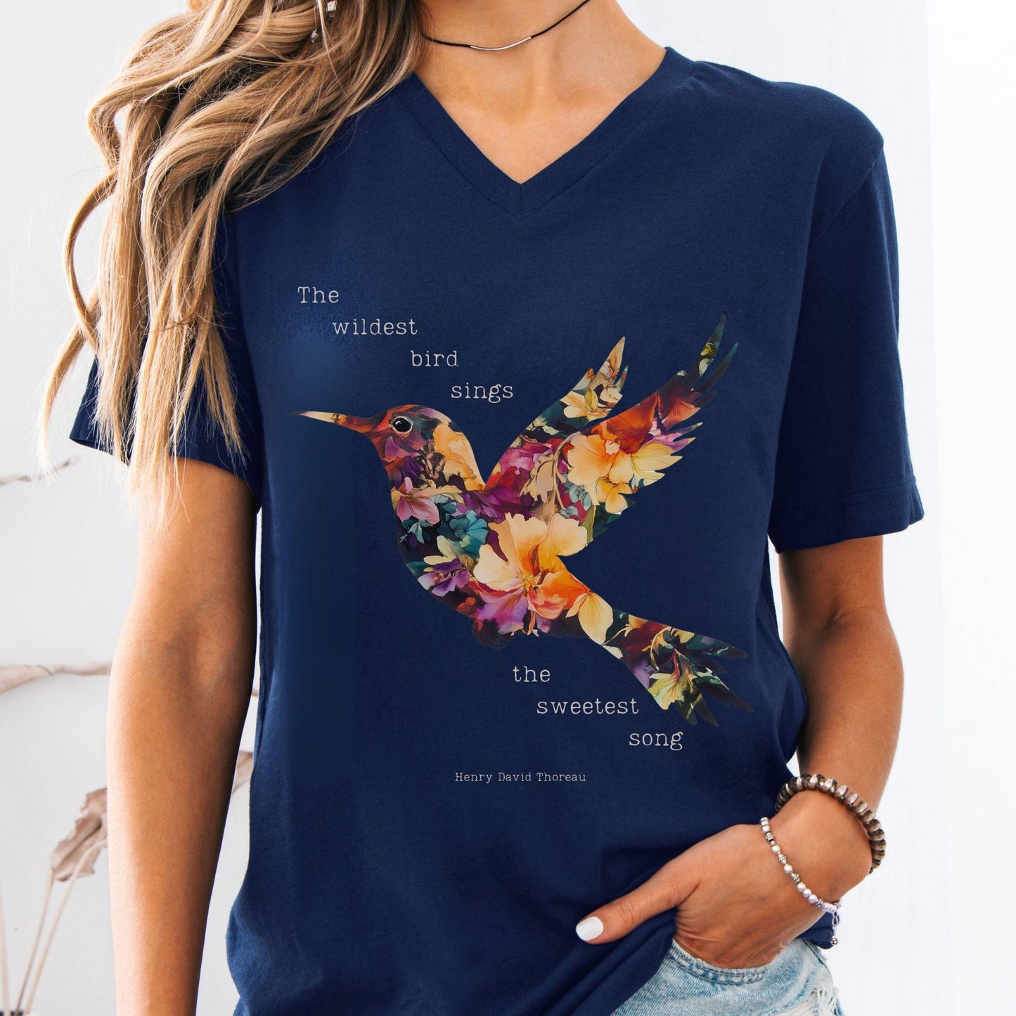 V-neck Navy / S Thoreau V-neck Shirt Where The Wildest Bird Sings The Mystic Eden