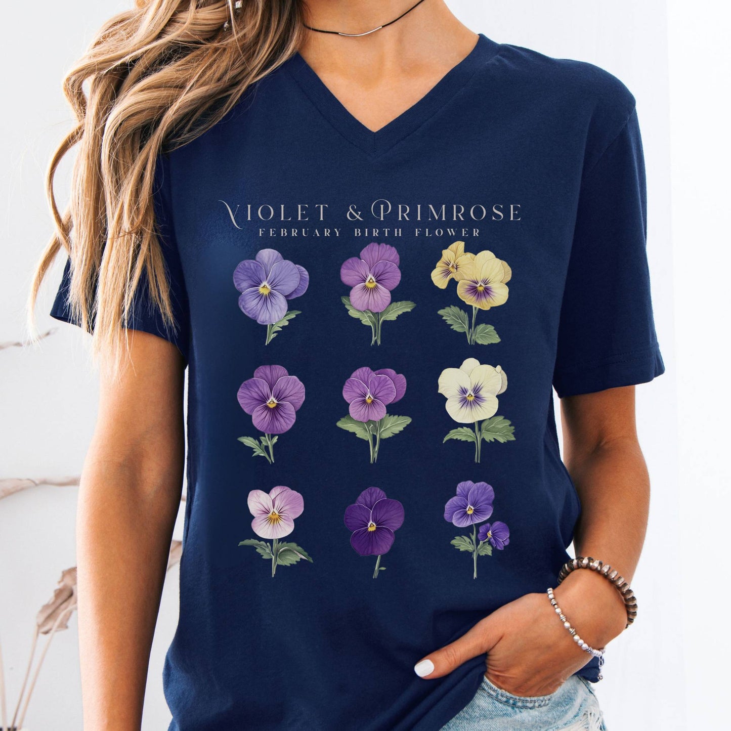 V-neck Navy / S Violet & Primrose February Birth Month Flower V-Neck Tee The Mystic Eden