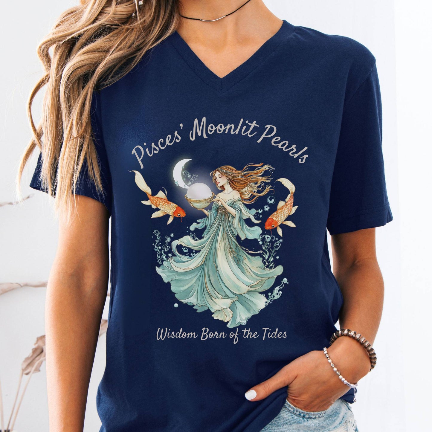 V-neck Pisces' Moonlit Pearls Zodiac V-Neck Tee The Mystic Eden