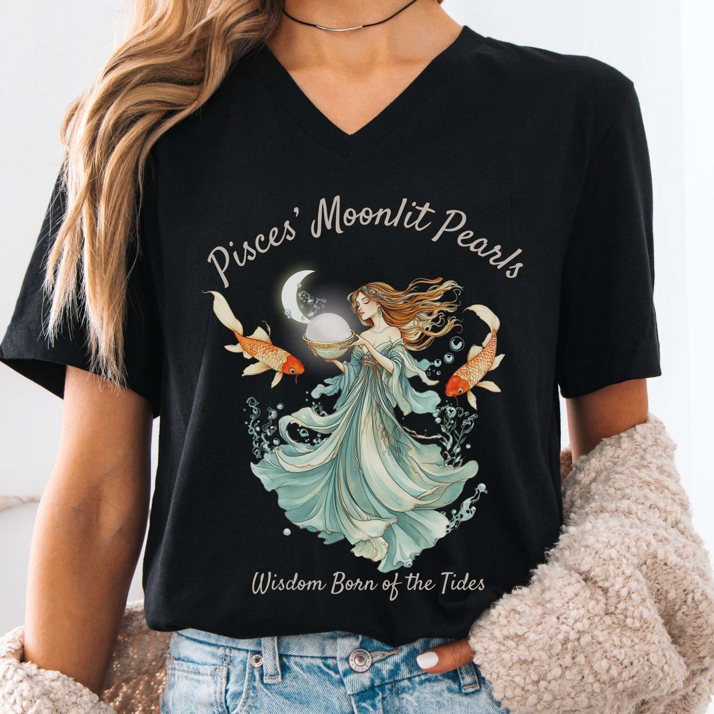V-neck Pisces' Moonlit Pearls Zodiac V-Neck Tee The Mystic Eden