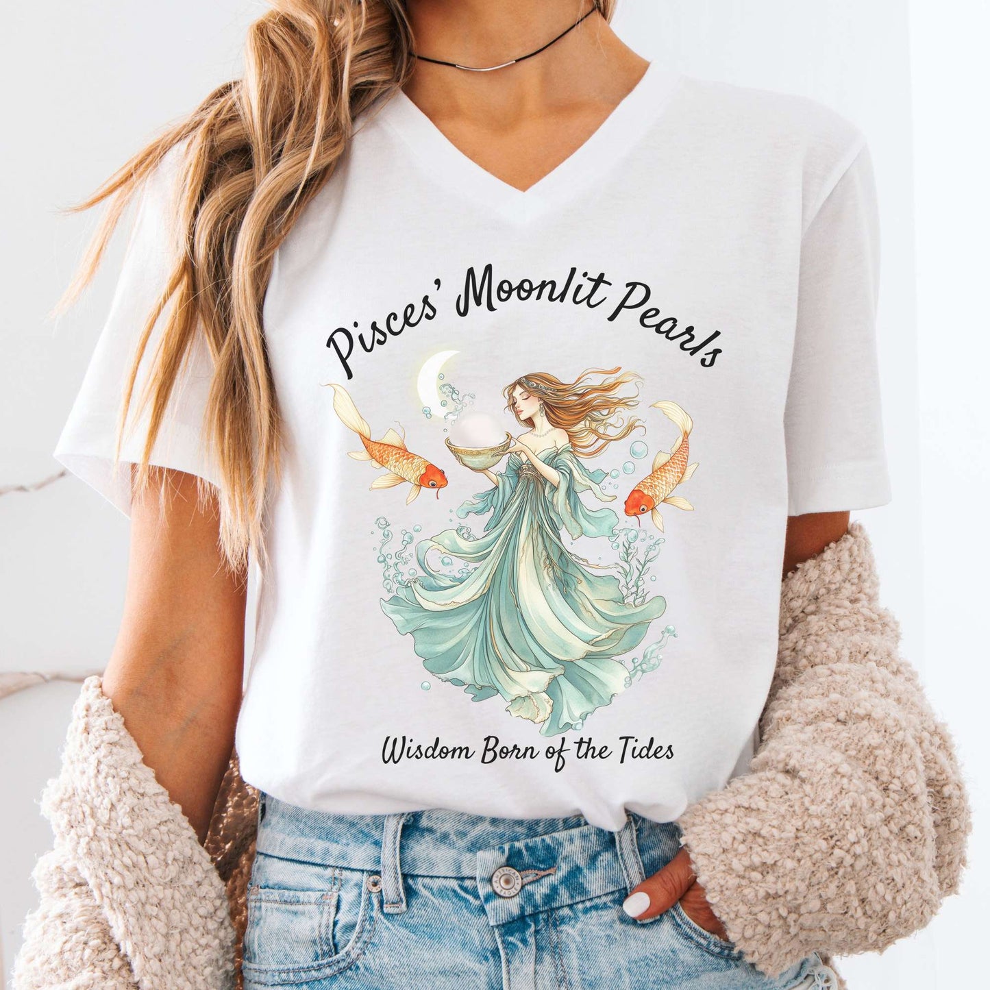 V-neck Pisces' Moonlit Pearls Zodiac V-Neck Tee The Mystic Eden