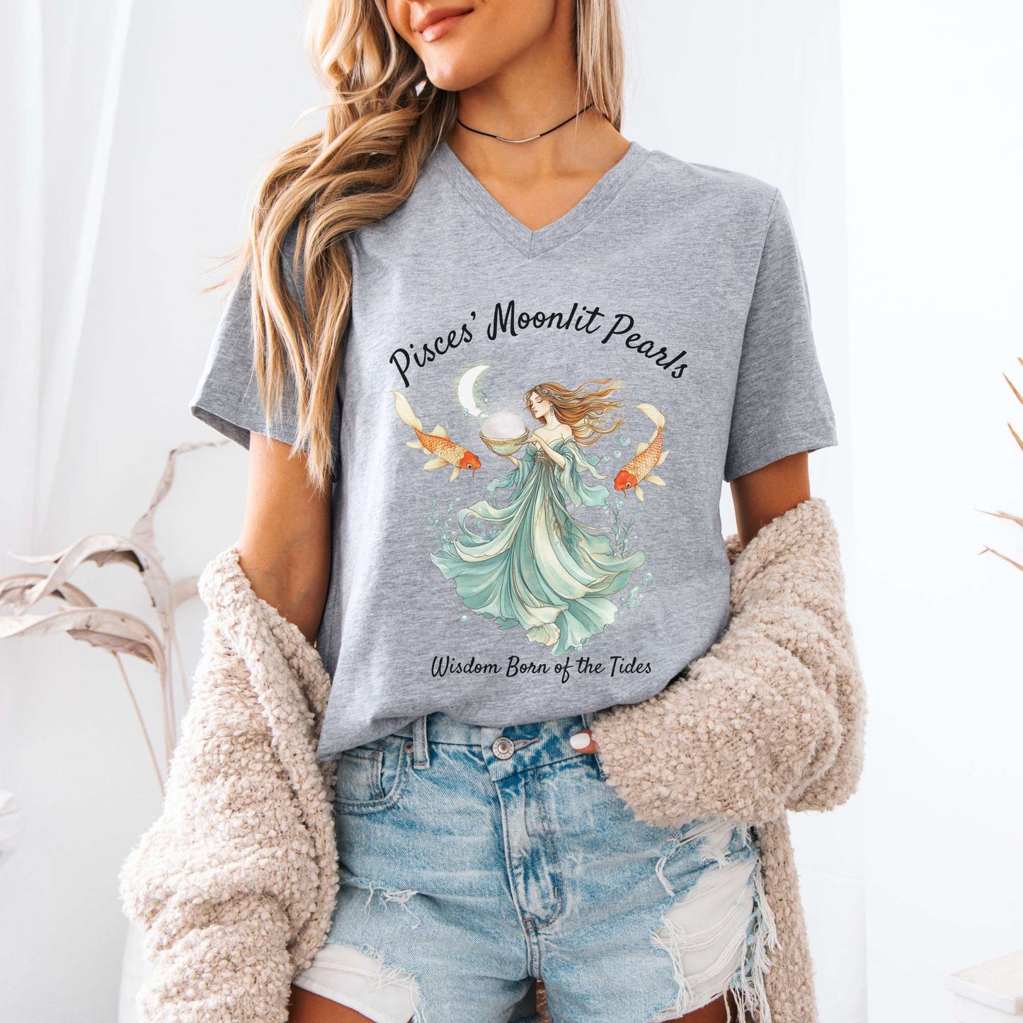 V-neck Pisces' Moonlit Pearls Zodiac V-Neck Tee The Mystic Eden