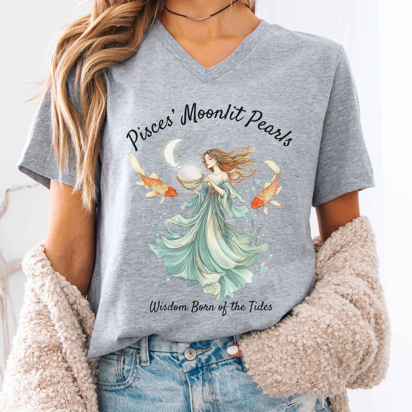 V-neck Pisces' Moonlit Pearls Zodiac V-Neck Tee The Mystic Eden