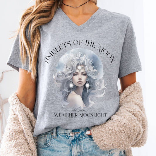 V-neck S / Athletic Heather Amulets of the Moon V-Neck Tee – Celestial Goddess Tee The Mystic Eden