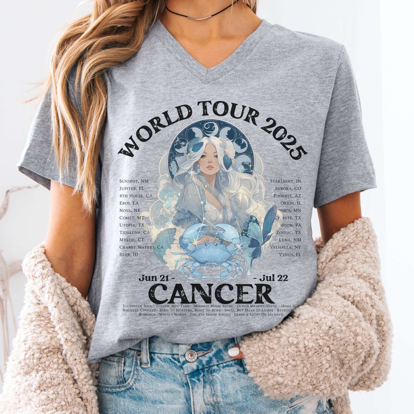 V-neck S / Athletic Heather Cancer Concert V-Neck Tee - Zodiac World Tour 2025 Shirt The Mystic Eden