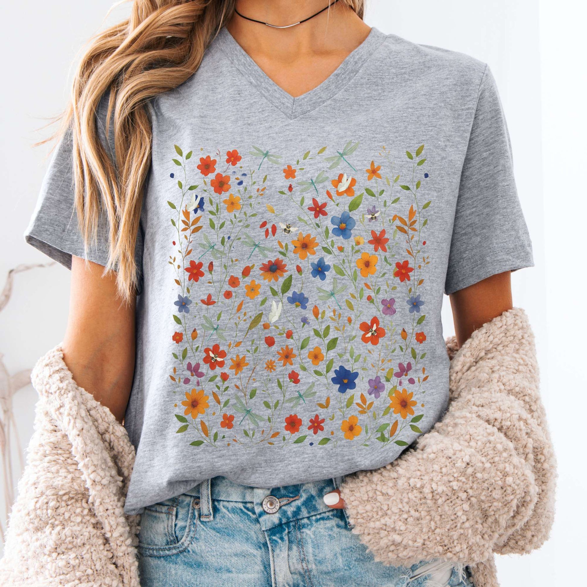 V-neck S / Athletic Heather Dragonfly Meadow V-Neck Tee β Whimsical Floral Tee The Mystic Eden