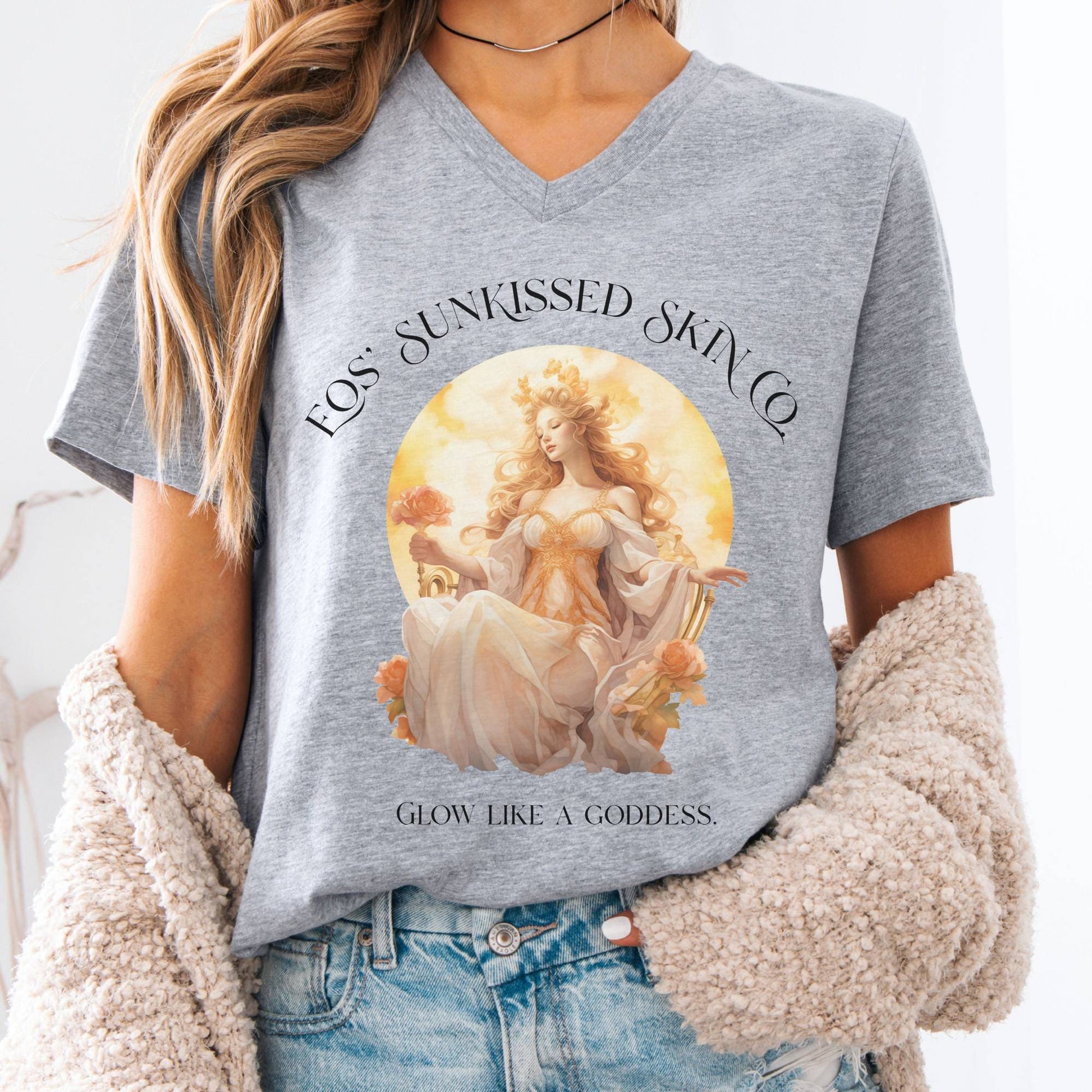 V-neck S / Athletic Heather Eos' Sunkissed Skin Co. V-Neck Tee – Glow Like a Goddess The Mystic Eden