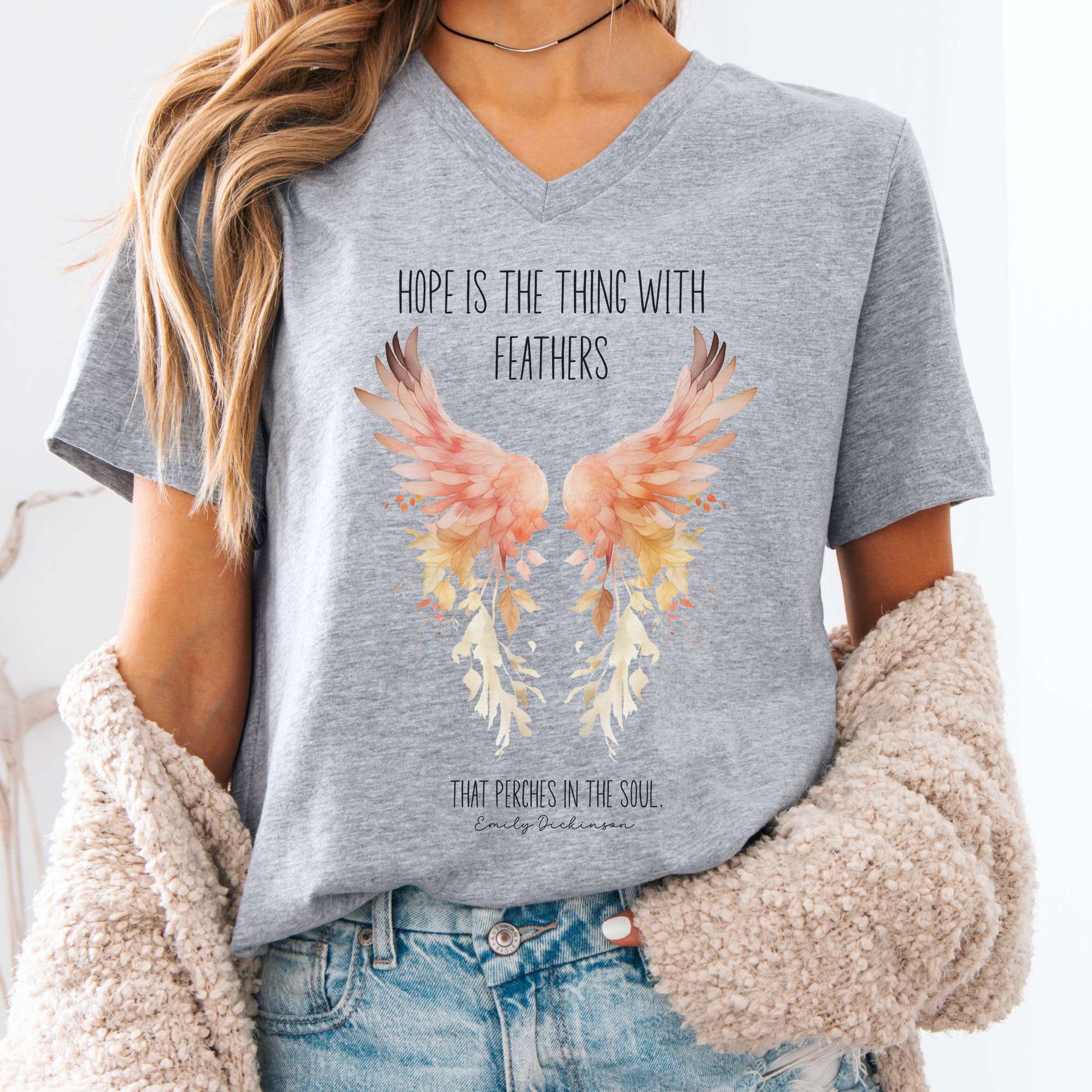 V-neck S / Athletic Heather Hope is the Thing With Feathers Emily Dickinson V-Neck Tee – Literary Wings Tee The Mystic Eden