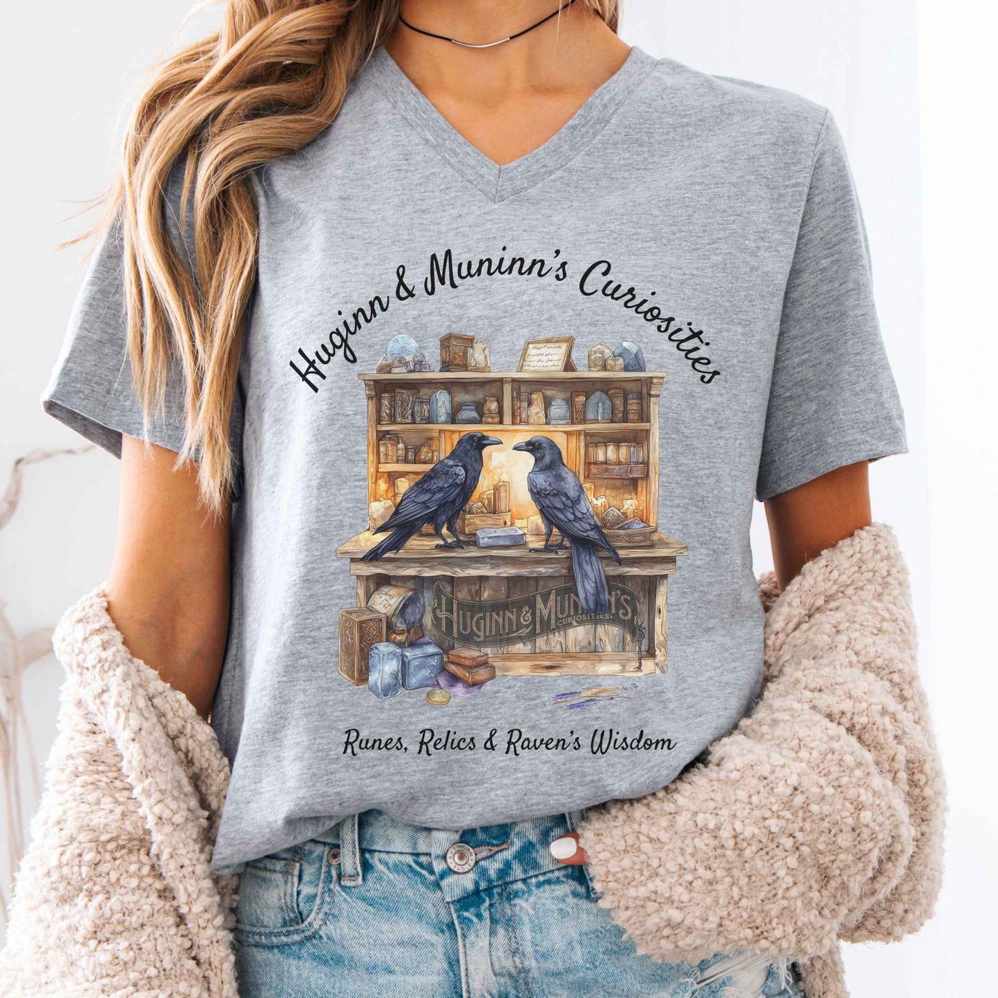 V-neck S / Athletic Heather Huginn & Muninn's Curiosities V-Neck Tee The Mystic Eden